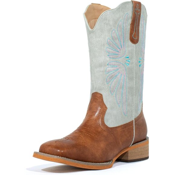 SheSole Western Boots Women Tan Faux Leather Square Toe Wide Mid Calf - Picture 1 of 9